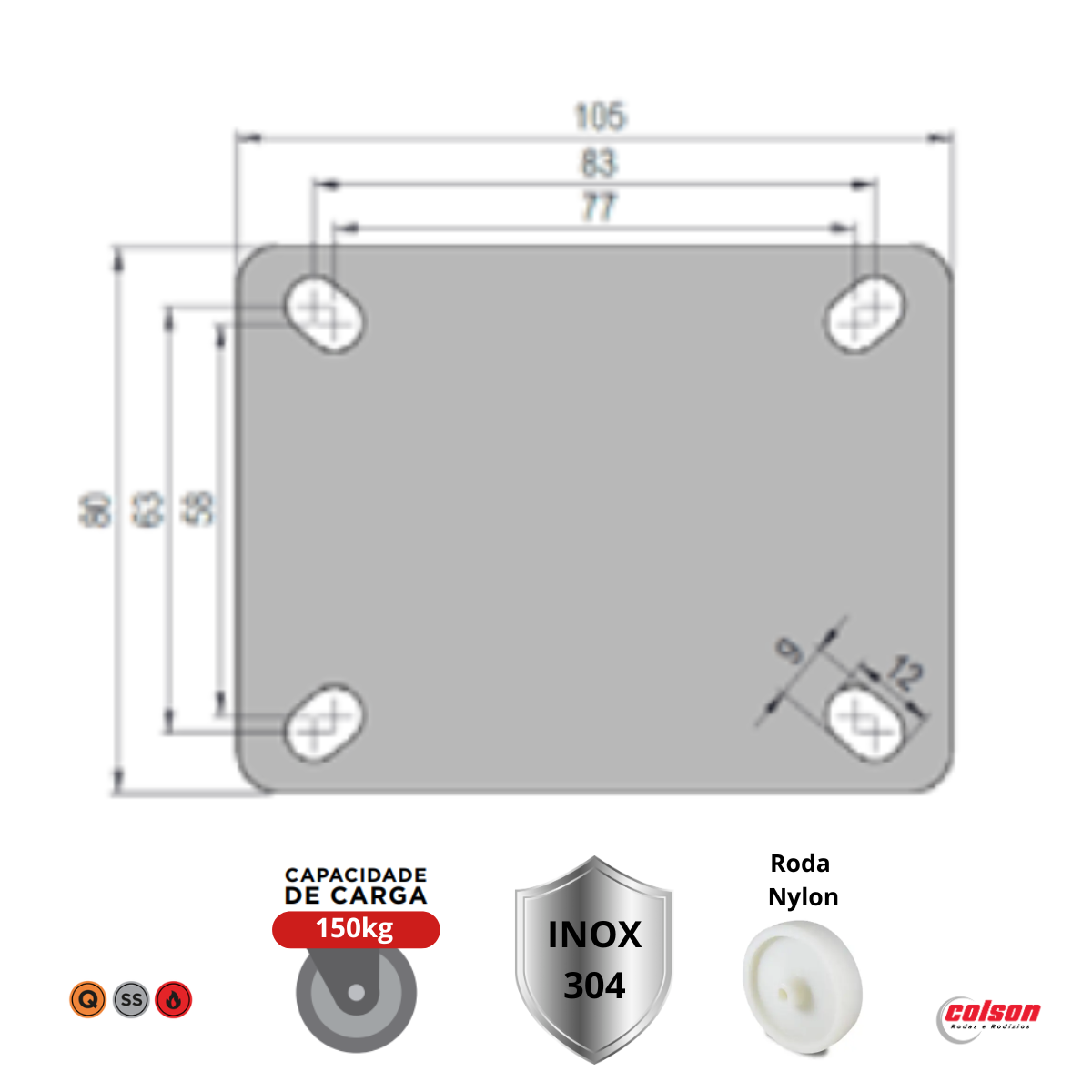4 Rodizios 3 Pol. Aço Inox 304 2 Fixo + 2 Giratório C/freio - Imagem 3