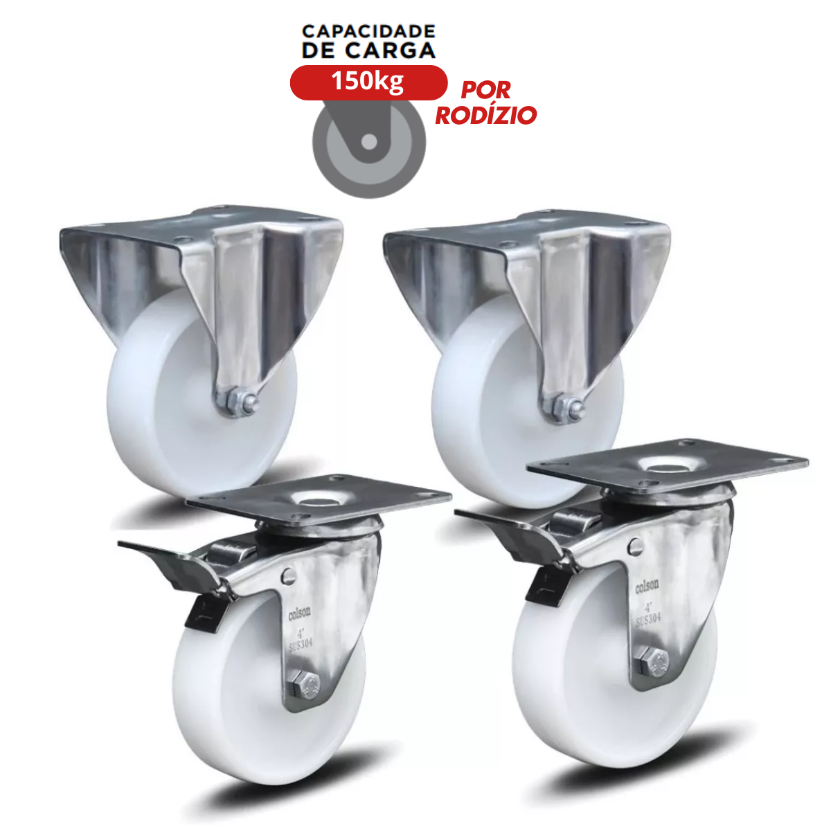 4 Rodizios 3 Pol. Aço Inox 304 2 Fixo + 2 Giratório C/freio - Imagem 2