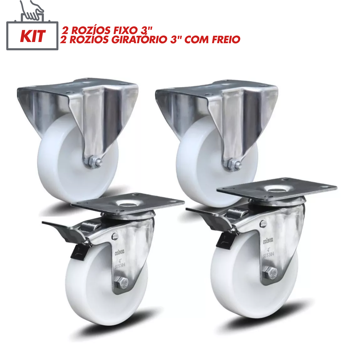 4 Rodizios 3 Pol. Aço Inox 304 2 Fixo + 2 Giratório C/freio