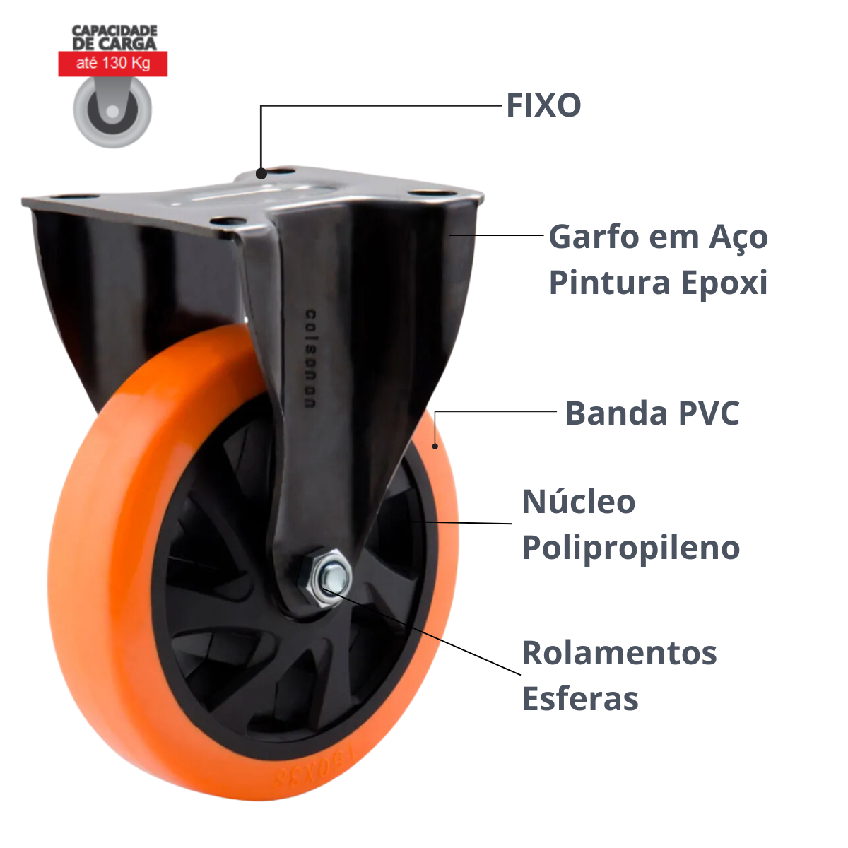 Kit 4 Rodízio 6 Pol. Fixo Serie Black Laranja Colson - Imagem 5